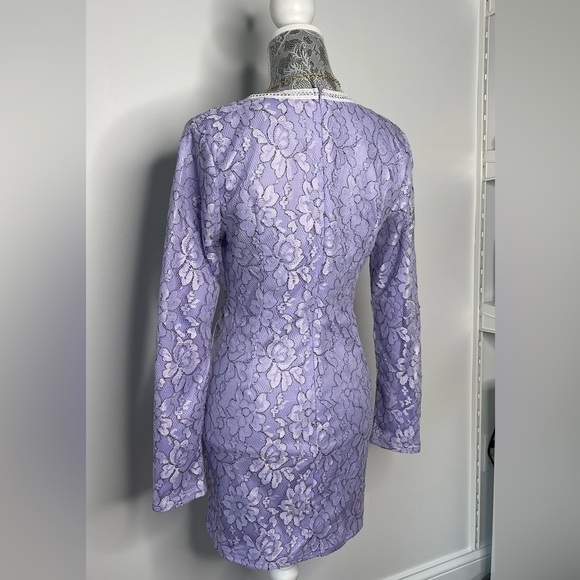 PrettyLightThing Purple Floral Lace Long-sleeve Mini Dress - Picture 5 of 7